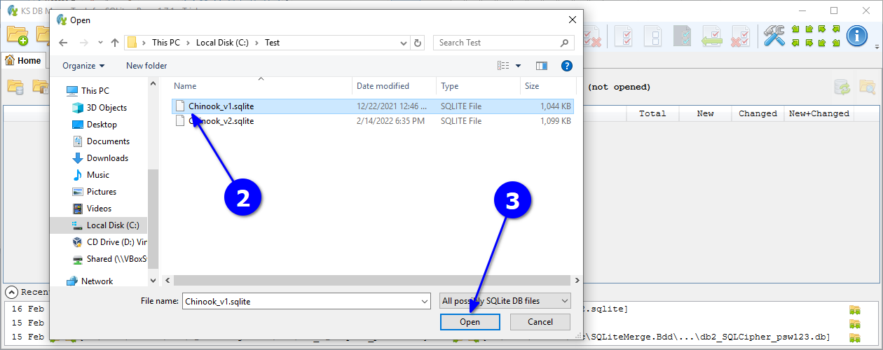 for SQLite, home tab open databases