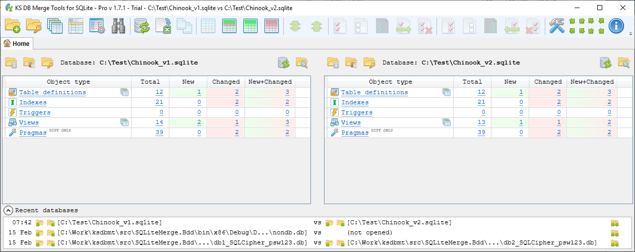 for SQLite, home tab schema changes summary