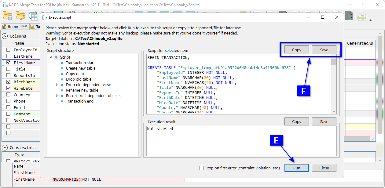 for SQLite, Execute script dialog with ALTER TABLE script