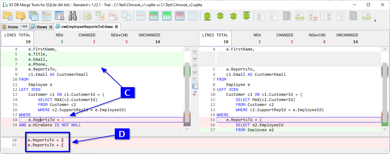 for SQLite, Text diff tab with a changed view