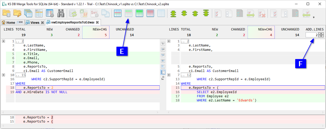 for SQLite, Text diff tab with a changed view, show new and changed