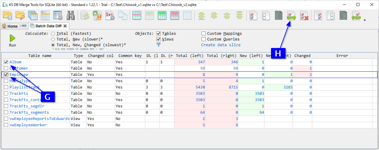 for SQLite, batch data diff - select tables and merge