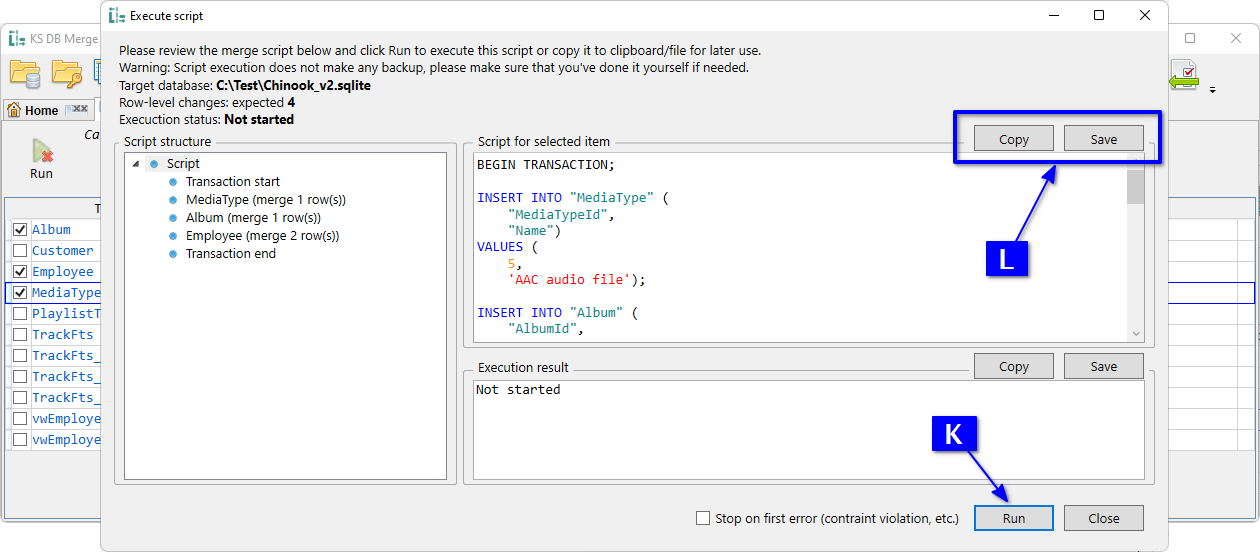 for SQLite, Execute script dialog for batch data merge