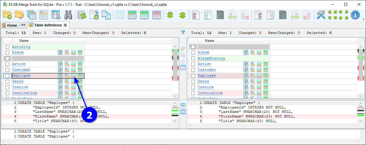 for SQLite, object list click compare data