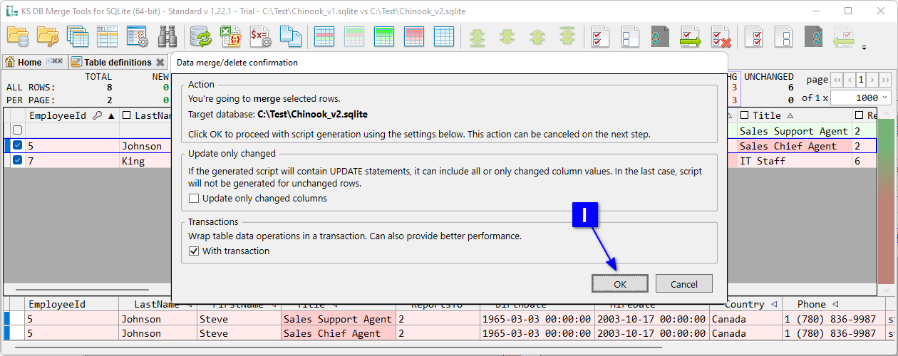 for SQLite, data merge configuration