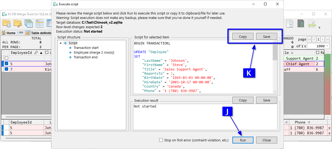 for SQLite, Execute script dialog with data merge script