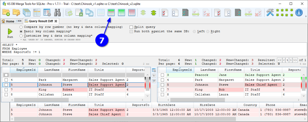 for SQLite, query result diff can show new and changed