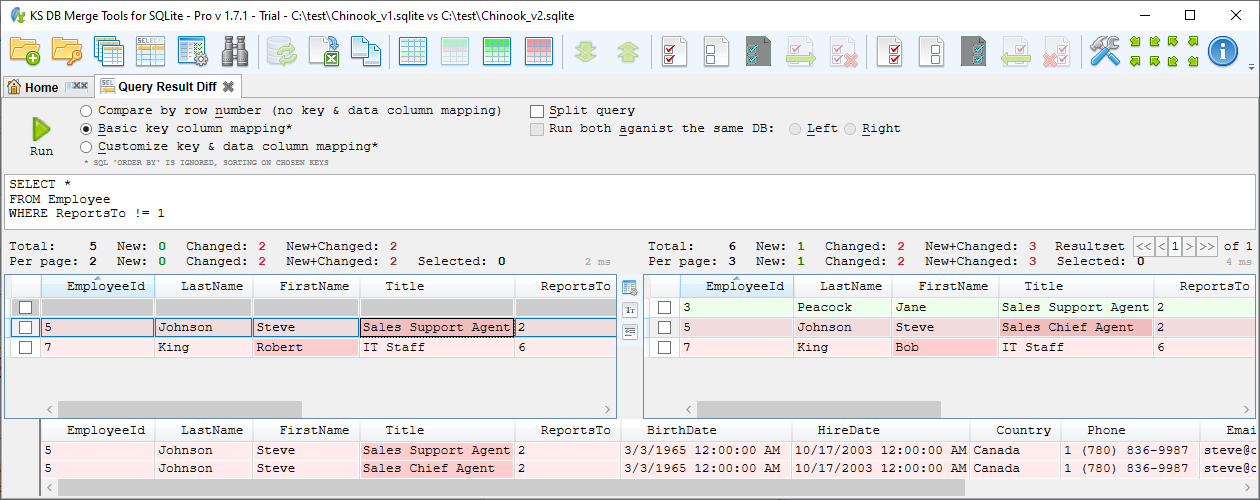for SQLite, query result diff new and changed records