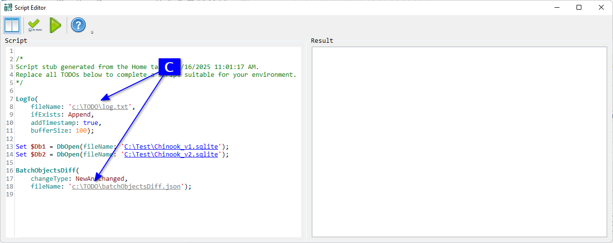for SQLite, Script Editor with a script for our current GUI tab